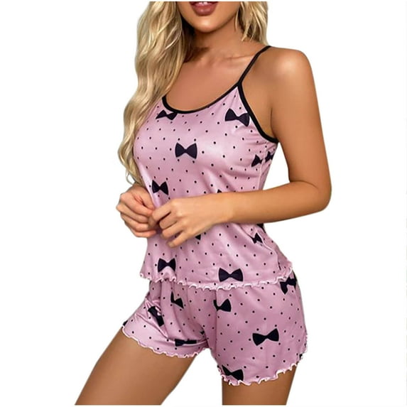 Pajama Sets for Women Akafmk Womens Pajama Sets,Camisole Pajamas for Women Set,Fashion Women Print Color Round Neck Camisole Sleeveless Shorts Pajama Set