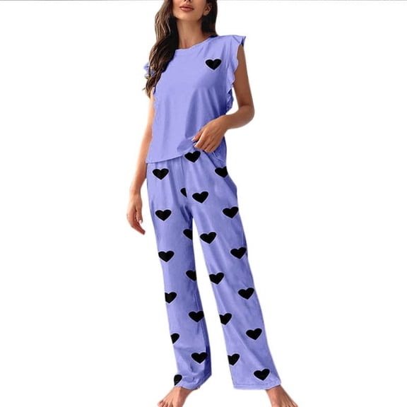 Pajama Sets for Women AKAFMK Womens Pajama Sets,Cotton Pajamas for Women Set,Fashion Women Round Neck Printing Wavy Pattern Sleeveless Elastic Waist Lace Up Printed Pants Pajama Set