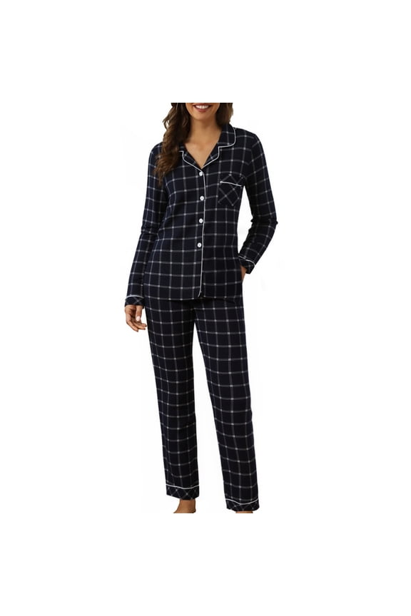 Pajama Sets Women Womens Soft Pajamas Plaid Long Sleeve Sleepwear Button down Loungewear 2 Piece Pj Set for Women Cute Pajama Sets for Women XL