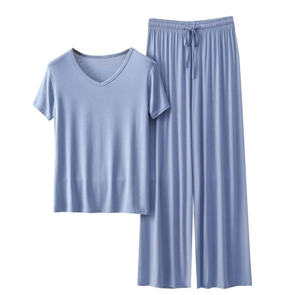 Pajama Sets for Womens Summer Short Sleeve V Neck T-shirt Tops Loose Solid Color High Neck Lace Up Wide Leg Pants Modals Cotton Home Wear Two-piece Set