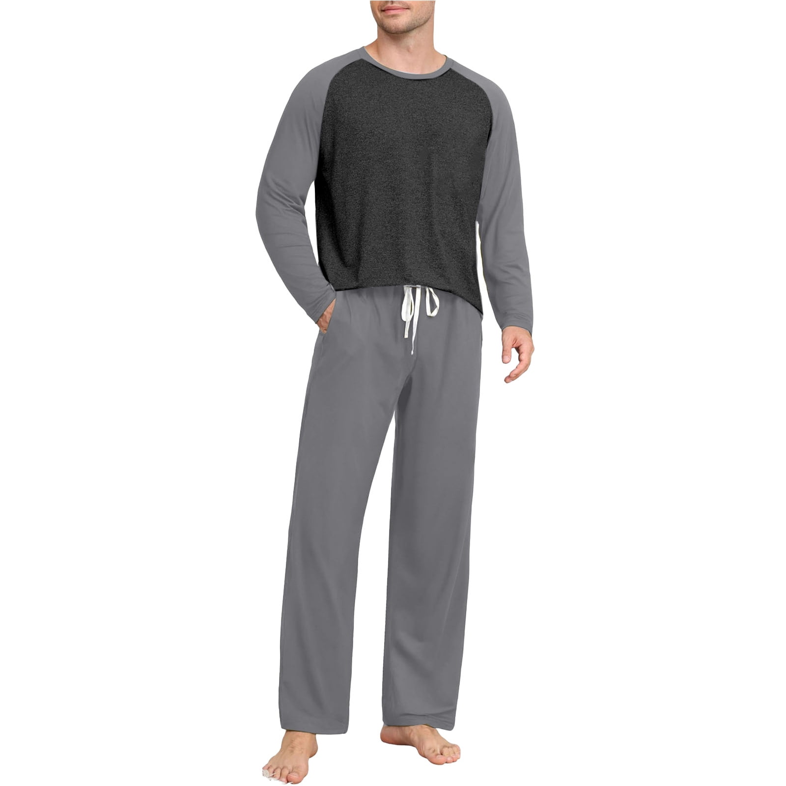 Pajama Sets for Men 2 Piece Loungewear Outfits Mens Casual Color Block Long Sleeve Tops and Pants Comfortable Loungewear Pajamas Set with Pockets