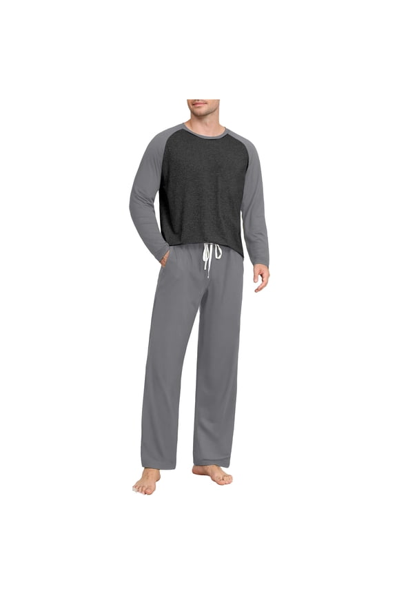 Pajama Sets for Men 2 Piece Loungewear Outfits Mens Casual Color Block Long Sleeve Tops and Pants Comfortable Loungewear Pajamas Set with Pockets