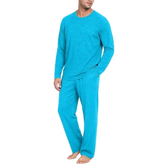 Pajama Sets for Men Long Sleeve Top and Pant 2 Piece Outfits Soft Lounge Sets Summer Fall Sleepwear Solid Color Loungewear Nightwear Blue XL