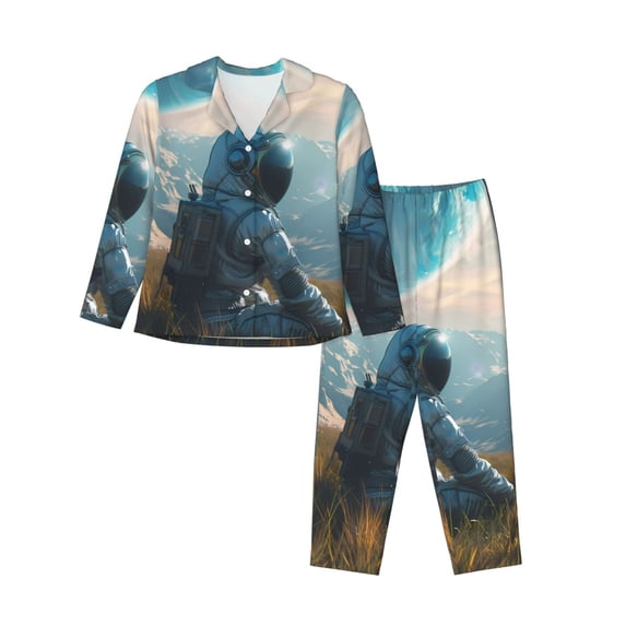 Pajama Sets for Women 2 Pcs, Astronaut Contemplating Planet Button Down Long Sleeve Sleepwear Lounge PJ Sets