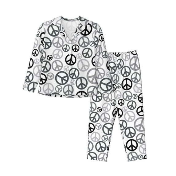 Pajama Sets for Women 2 Pcs, Black grey peace sign Button Down Long Sleeve Sleepwear Lounge PJ Sets