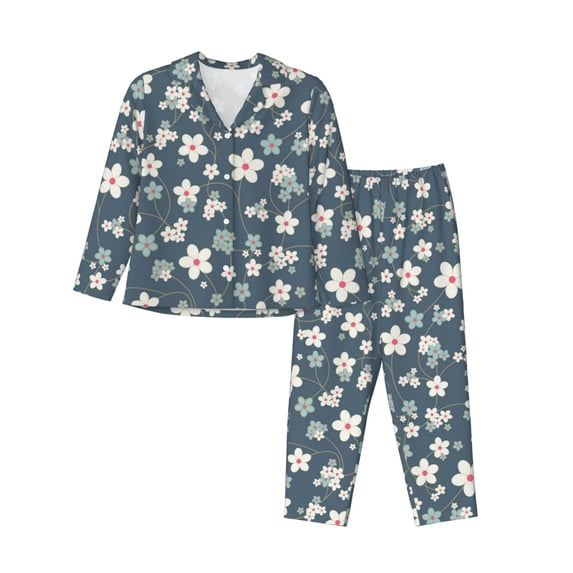 Pajama Sets for Women 2 Pcs, Blue Flower Button Down Long Sleeve Sleepwear Lounge PJ Sets
