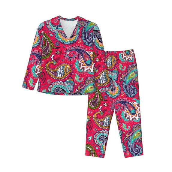 Pajama Sets for Women 2 Pcs, Brightly Colored Paisley Button Down Long Sleeve Sleepwear Lounge PJ Sets