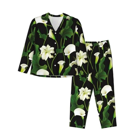 Pajama Sets for Women 2 Pcs, Calla Lily Flowers Black Button Down Long Sleeve Sleepwear Lounge PJ Sets