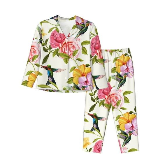 Pajama Sets for Women 2 Pcs, Carnation Hummingbird Button Down Long Sleeve Sleepwear Lounge PJ Sets