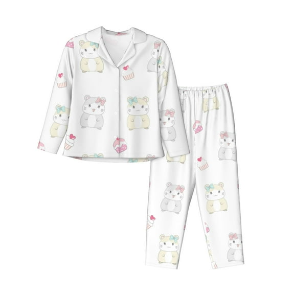 Pajama Sets for Women 2 Pcs, Cartoon Cute Hamster Cake Button Down Long Sleeve Sleepwear Lounge PJ Sets