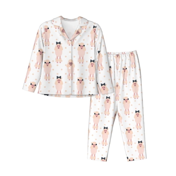 Pajama Sets for Women 2 Pcs, Cartoon Cute Poodle Dog Bow Tie Button Down Long Sleeve Sleepwear Lounge PJ Sets