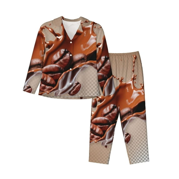 Pajama Sets for Women 2 Pcs, Coffee Beans Chocolate Splash Button Down Long Sleeve Sleepwear Lounge PJ Sets