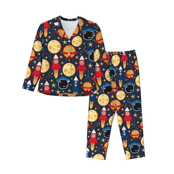 Pajama Sets for Women 2 Pcs, Colorful Astronomy Button Down Long Sleeve Sleepwear Lounge PJ Sets