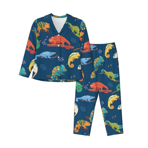 Pajama Sets for Women 2 Pcs, Colorful Cute Chameleon Lizard_A Button Down Long Sleeve Sleepwear Lounge PJ Sets