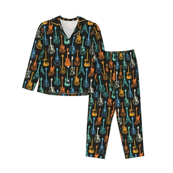 Pajama Sets for Women 2 Pcs, Colorful Guitar Button Down Long Sleeve Sleepwear Lounge PJ Sets