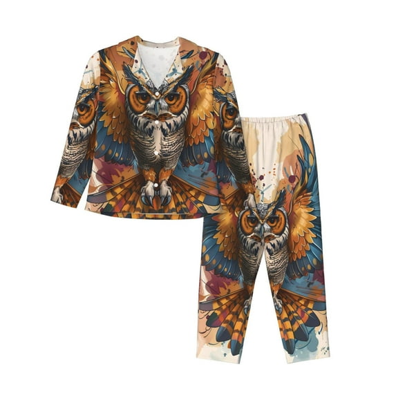 Pajama Sets for Women 2 Pcs, Colorful Owl Tattoo Art Button Down Long Sleeve Sleepwear Lounge PJ Sets