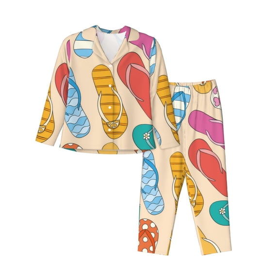 Pajama Sets for Women 2 Pcs, Colorful Summer Flip Flops Button Down Long Sleeve Sleepwear Lounge PJ Sets