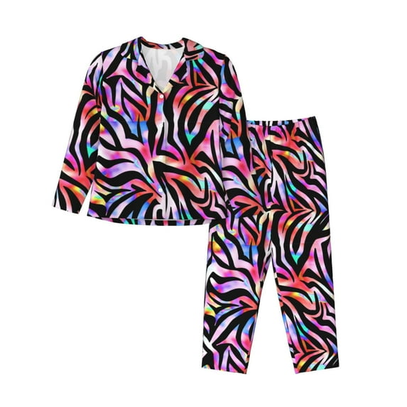 Pajama Sets for Women 2 Pcs, Colorful bright zebra print Button Down Long Sleeve Sleepwear Lounge PJ Sets