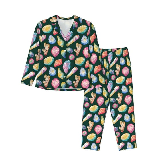 Pajama Sets for Women 2 Pcs, Colourful Conch Shell Button Down Long Sleeve Sleepwear Lounge PJ Sets