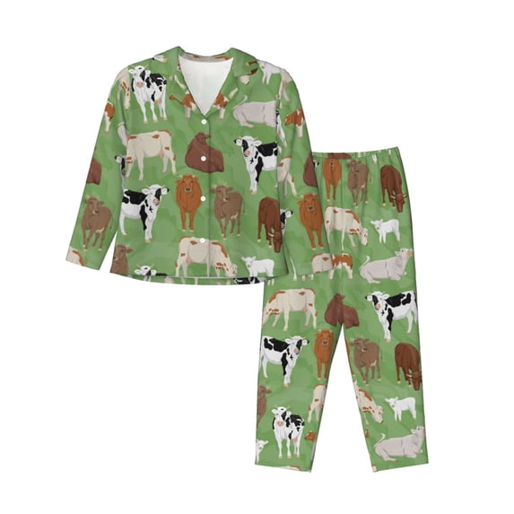 Pajama Sets for Women 2 Pcs, Cows And Calves Button Down Long Sleeve Sleepwear Lounge PJ Sets