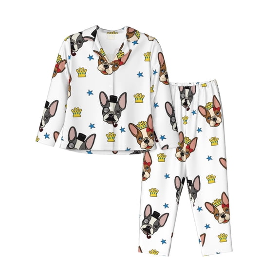 Pajama Sets for Women 2 Pcs, Cute French Bulldog Crown Button Down Long Sleeve Sleepwear Lounge PJ Sets
