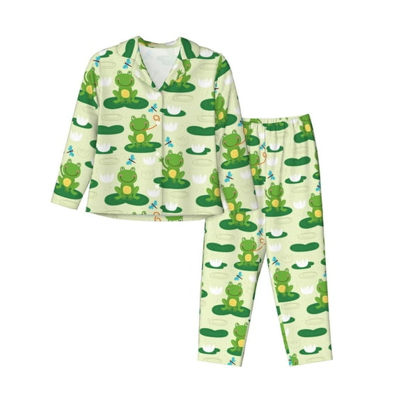 Pajama Sets for Women 2 Pcs, Cute Frog1 Button Down Long Sleeve Sleepwear Lounge PJ Sets