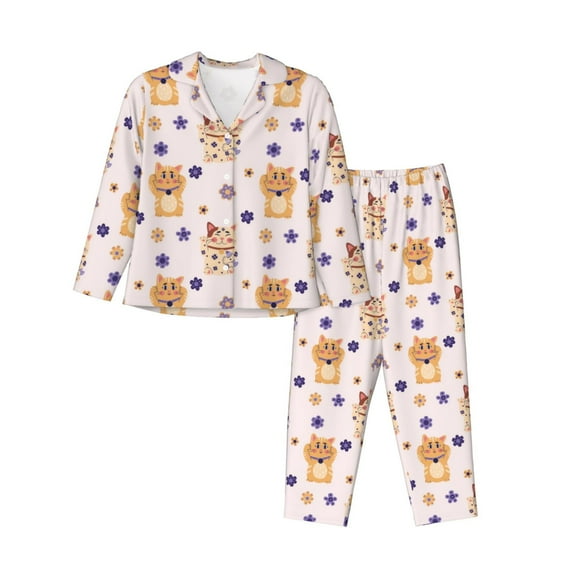 Pajama Sets for Women 2 Pcs, Cute Lucky Cat Flowers Button Down Long Sleeve Sleepwear Lounge PJ Sets
