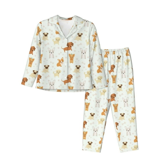 Pajama Sets for Women 2 Pcs, Cute cartoon Dog Puppy Button Down Long Sleeve Sleepwear Lounge PJ Sets