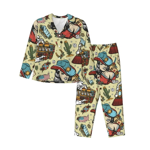 Pajama Sets for Women 2 Pcs, Exotic Train Pattern Button Down Long Sleeve Sleepwear Lounge PJ Sets