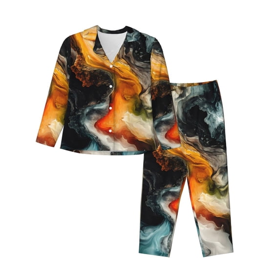 Pajama Sets for Women 2 Pcs, Fiery Marble Flow Button Down Long Sleeve Sleepwear Lounge PJ Sets
