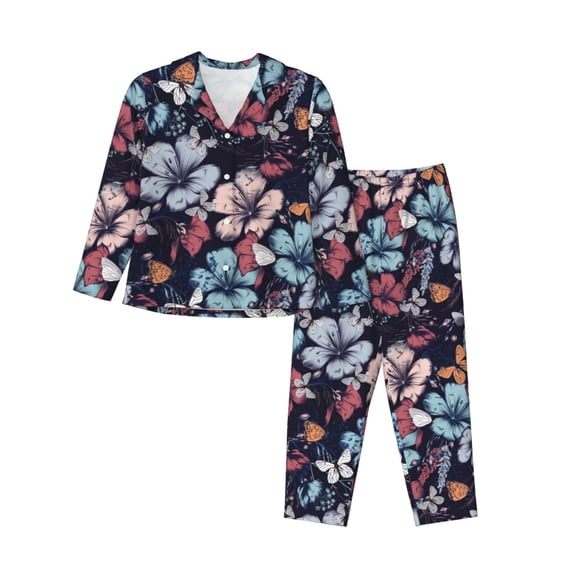 Pajama Sets for Women 2 Pcs, Flowers ad Butterflies Button Down Long Sleeve Sleepwear Lounge PJ Sets