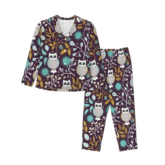 Pajama Sets for Women 2 Pcs, Forest Cute Owl A Button Down Long Sleeve Sleepwear Lounge PJ Sets
