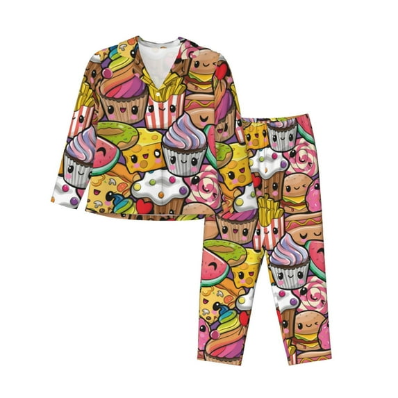 Pajama Sets for Women 2 Pcs, Fruit-flavored ice-cream Button Down Long Sleeve Sleepwear Lounge PJ Sets