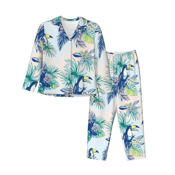 Pajama Sets for Women 2 Pcs, Hand drawn funny cute parrot plant Button Down Long Sleeve Sleepwear Lounge PJ Sets