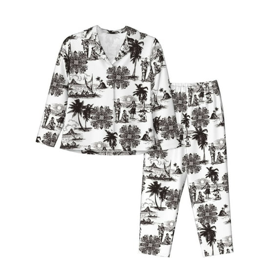 Pajama Sets for Women 2 Pcs, Hawaiian Style Retro Button Down Long Sleeve Sleepwear Lounge PJ Sets