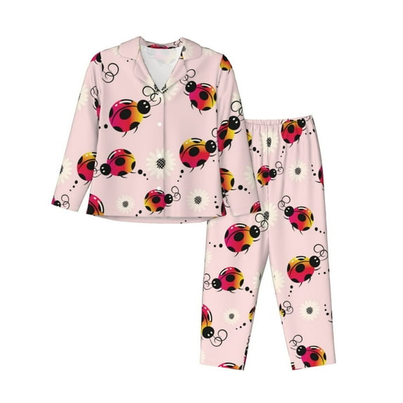 Pajama Sets for Women 2 Pcs, Ladybug cute Button Down Long Sleeve Sleepwear Lounge PJ Sets