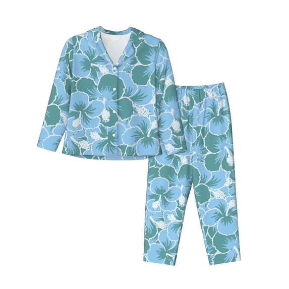 Pajama Sets for Women 2 Pcs, Lightblue Flower Button Down Long Sleeve Sleepwear Lounge PJ Sets