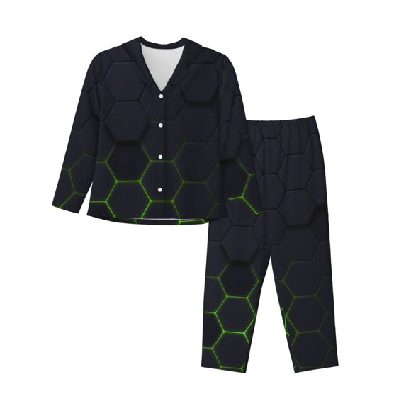 Pajama Sets for Women 2 Pcs, Modern Hexagonal Neon Grid Button Down Long Sleeve Sleepwear Lounge PJ Sets