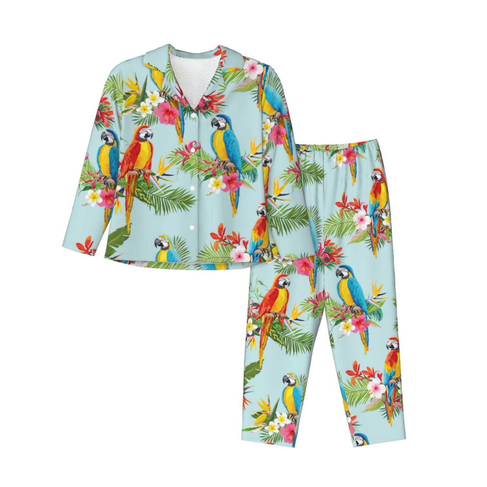 Pajama Sets for Women 2 Pcs, Pastel Cute Parrot Palm Leaf Button Down ...