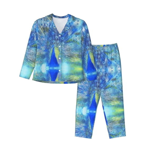 Pajama Sets for Women 2 Pcs, Peacock Button Down Long Sleeve Sleepwear Lounge PJ Sets