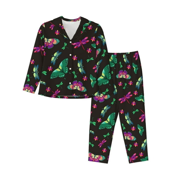Pajama Sets for Women 2 Pcs, Purple Green Dragonfly Butterfly Button Down Long Sleeve Sleepwear Lounge PJ Sets