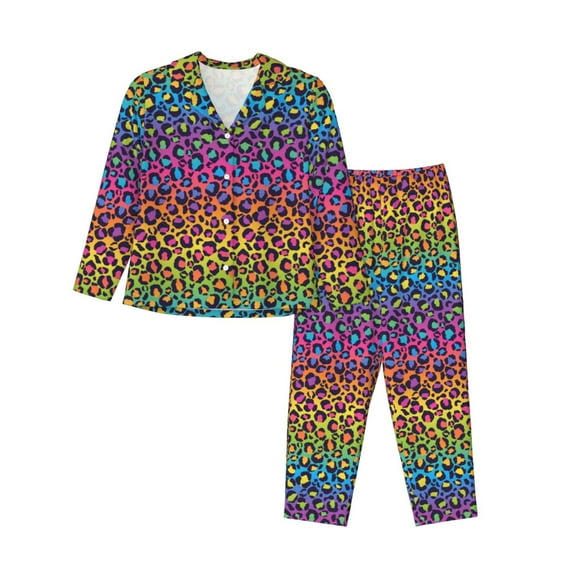 Pajama Sets for Women 2 Pcs, Rainbow Bright colorful leopard Button Down Long Sleeve Sleepwear Lounge PJ Sets