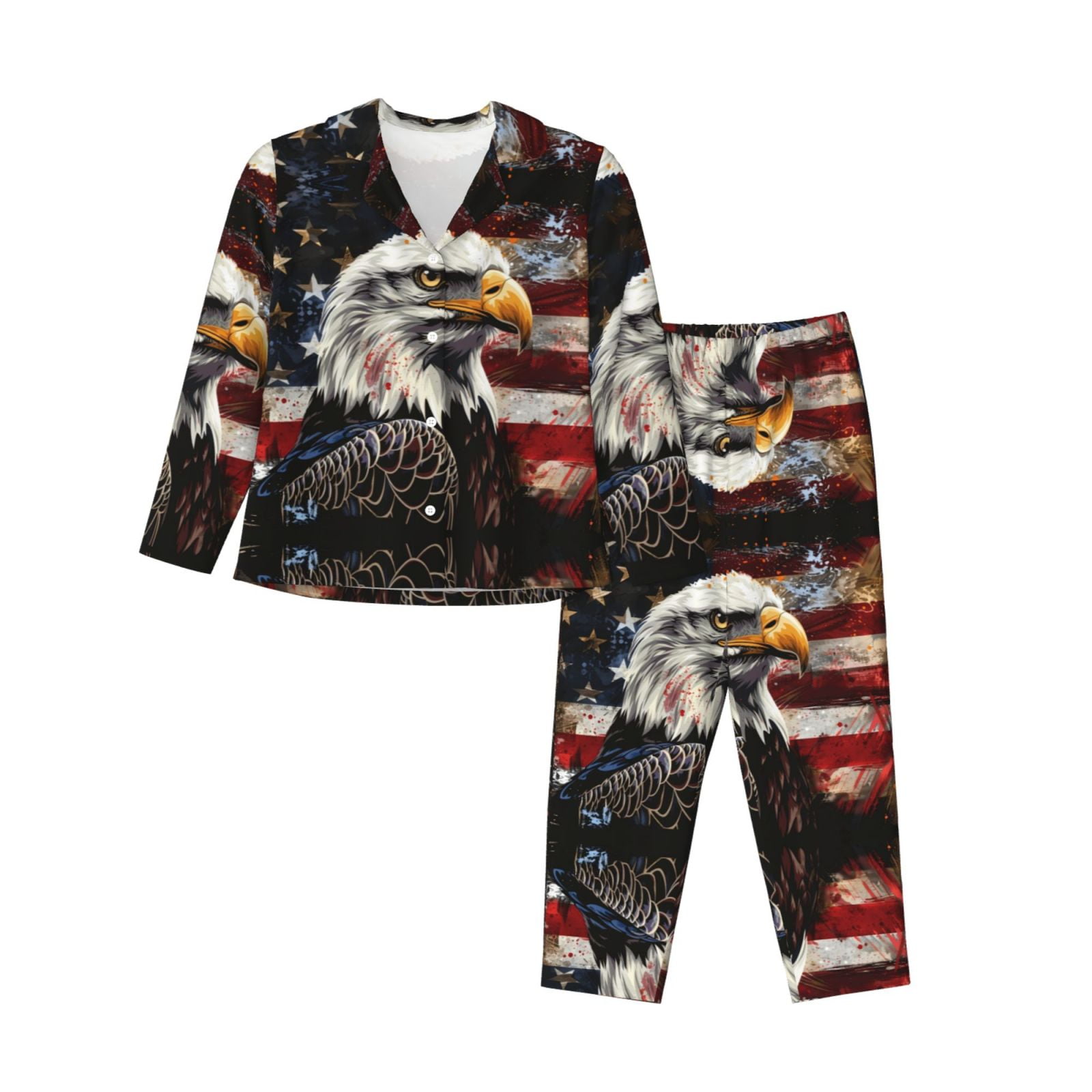 Pajama Sets for Women 2 Pcs, Retro American Eagle A Button Down Long Sleeve Sleepwear Lounge PJ