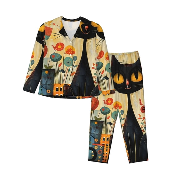Pajama Sets for Women 2 Pcs, Retro Black Cat Flowers Button Down Long Sleeve Sleepwear Lounge PJ Sets