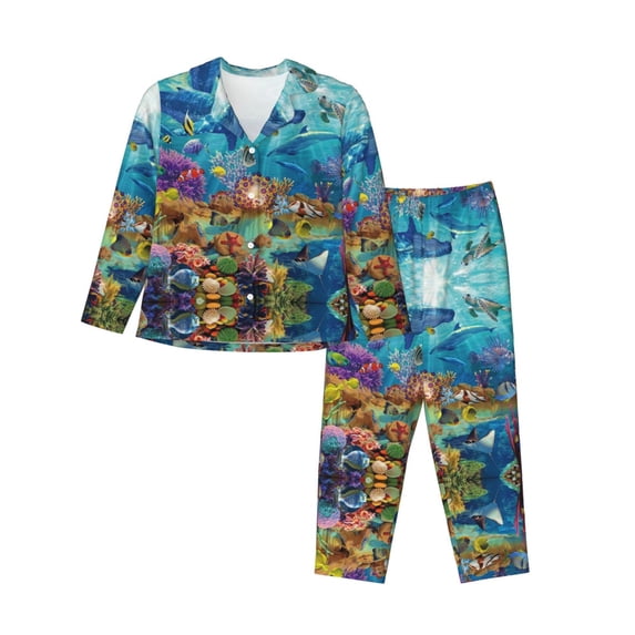 Pajama Sets for Women 2 Pcs, Sea World Button Down Long Sleeve Sleepwear Lounge PJ Sets
