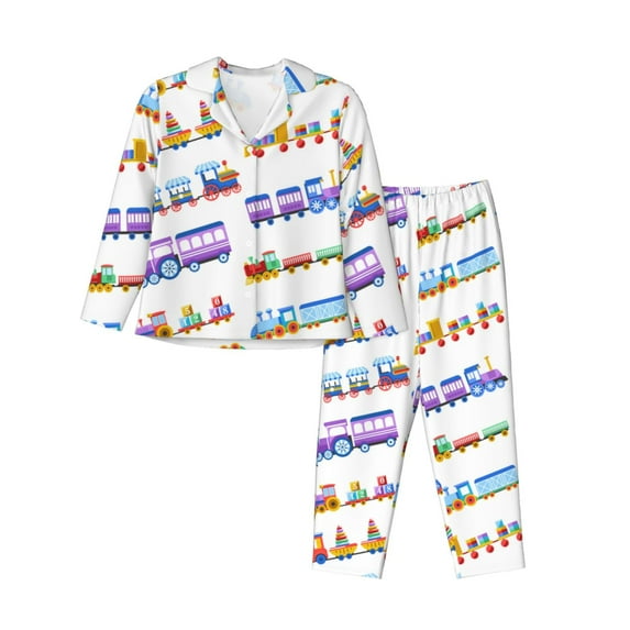Pajama Sets for Women 2 Pcs, Trains colorful Pattern Button Down Long Sleeve Sleepwear Lounge PJ Sets