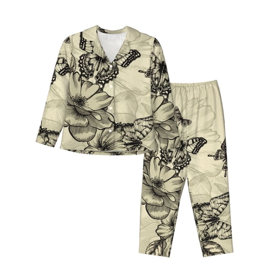 Pajama Sets for Women 2 Pcs, Vintage Floral Butterfly Button Down Long Sleeve Sleepwear Lounge PJ Sets