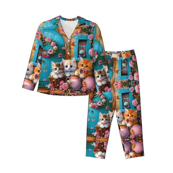 Pajama Sets for Women 2 Pcs, Whimsical Cats and Flowers Scene Button Down Long Sleeve Sleepwear Lounge PJ Sets