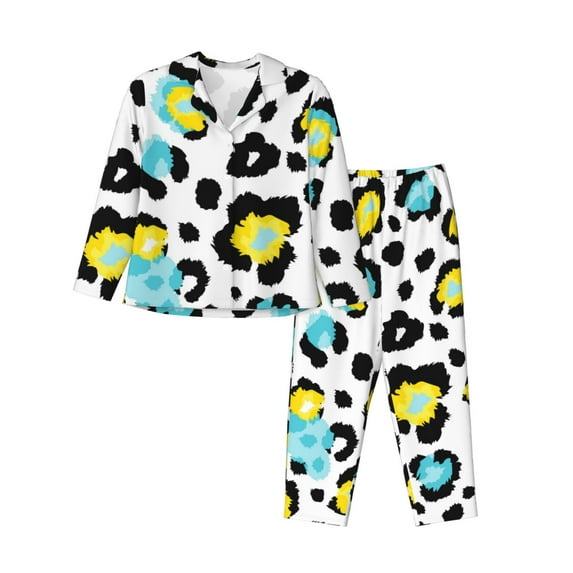 Pajama Sets for Women 2 Pcs, Yellow Blue Leopard Print Button Down Long Sleeve Sleepwear Lounge PJ Sets