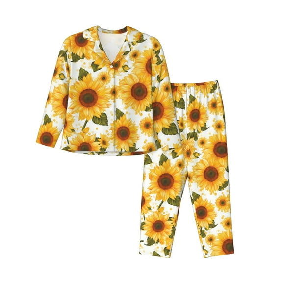Pajama Sets for Women 2 Pcs, Yellow Polka Dot Sunflower Button Down Long Sleeve Sleepwear Lounge PJ Sets